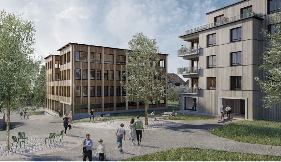 Visualisierung des neuen Gemeindehauses und Mehrfamilienhauses im Maihölzli, Hünenberg